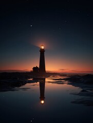Fototapeta premium lighthouse night beacon light sky ocean silhouette dramatic glowing landscape reflection water horizon sunset dusk navigation guidance hope safety tranquil serene star illumination coastal tower