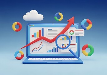 Business growth analysis on laptop with upward trend arrow and magnifying glass with colorful pie charts and cloud computing concept