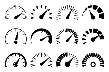 Collection of Twelve Black Speedometer and Gauge Icons