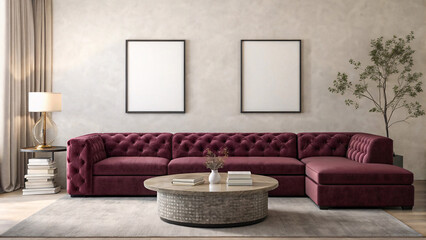 Luxurious deep red tufted sectional sofa in a modern living room setting