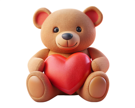 Teddy bear holding a red heart isolated on transparent background