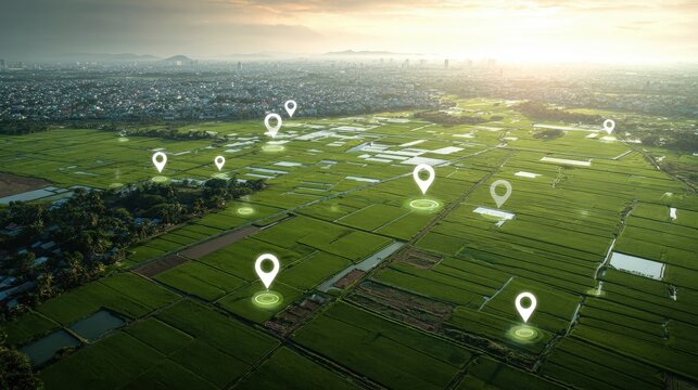Aerial view of rice fields with location icons symbolizing agriculture technology and global trade, set against a city backdrop at dawn, highlighting smart farm innovation.