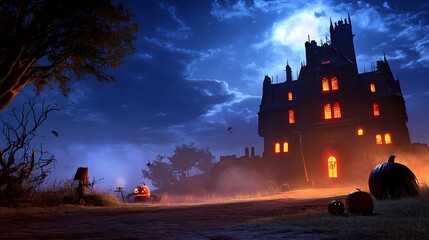 Obraz premium Spooky Haunted Mansion with Eerie Pumpkin Decorations under Moonlit Sky at Nighttime in Autumn Season