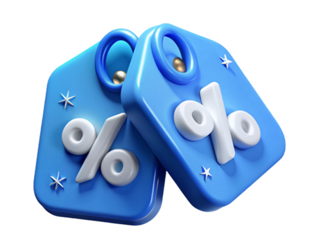 Two blue discount tags with percentage sign isolated on transparent background