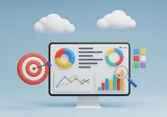 Computer Screen Displaying Data Analytics with Target Magnifying Glass and Clouds in a Cartoon Style Presentation for Business Intelligence