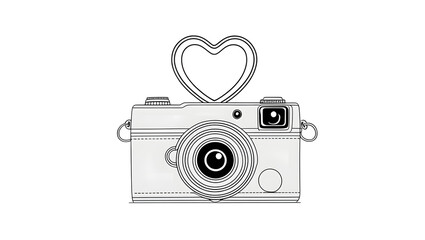 Minimal line art retro camera with heart-shaped flash, elegant thin strokes, simple nostalgic illustration on white background, playful vintage design