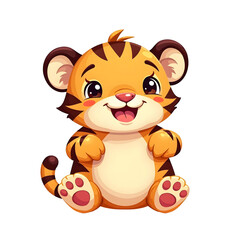 Fototapeta premium Cute baby tiger cartoon vector illustration with oversized paws and smiling face, adorable jungle animal character art isolated on white background