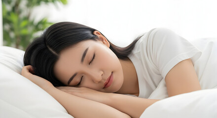 Fototapeta premium Young asian woman sleeping peacefully on a comfortable pillow in bed