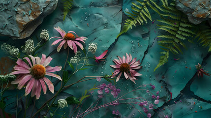 Vibrant pink coneflowers and delicate ferns in a stunning artistic composition, perfect for design.