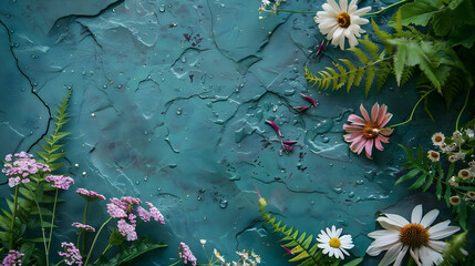 Stunning floral arrangement with vibrant blooms and water droplets on textured teal surface, perfect design