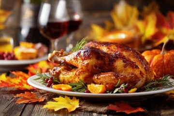 Thanksgiving dinner table served with turkey, decorated with bright autumn leaves. MZ 