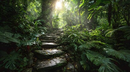 Obraz premium Explore the lush green jungle trail: a journey through tropical rainforest vegetation and sunlight path