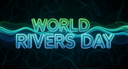 Abstract glowing typography with animated wave lines, “World Rivers Day”.