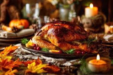 Thanksgiving dinner table served with turkey, decorated with bright autumn leaves. MZ 