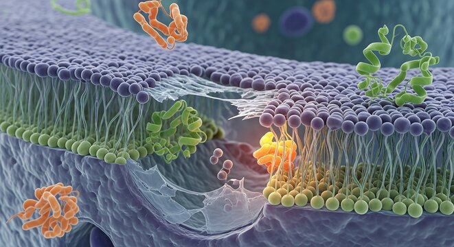 A detailed 3D illustration of a biological cell membrane with protein channels, receptors, and enzymes facilitating molecular transport.