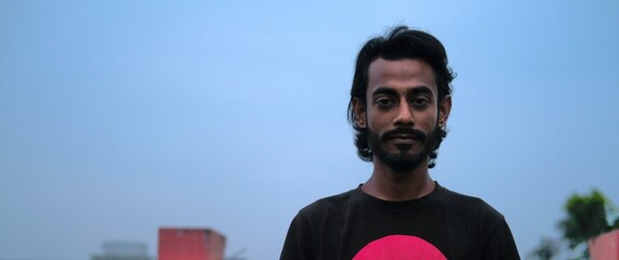 Panoramic face asian adult male with blue sky background
