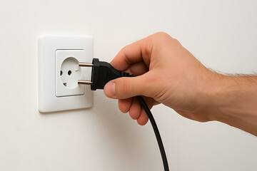 Hand plugging electric cord into wall socket, household power connection close up, safe electricity supply concept, energy usage in home, utility installation detail, electrical equipment system inter