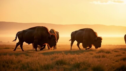 A majestic herd of American bison gracefully traverses a vast, golden-lit savanna at sunrise, embodying the untamed spirit of the wilderness. - Powered by Adobe