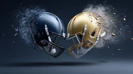 Nice photo of two football helmets crashing into each other. The concept of rivalry among two teams in American football.