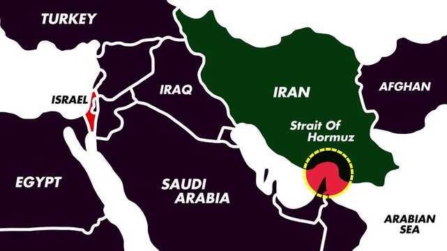 4K Middle East Map Animation Highlighting Strait of Hormuz with Blinking Red Circle And Dotted Circle Rotation