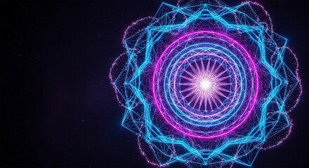 Intricate glowing mandala pattern with neon blue and purple lights on a dark background, representing cosmic energy and digital connection