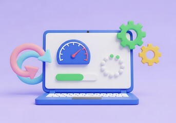Laptop computer with loading screen indicator gears and refresh arrows for website development concept and data management processes 3D rendering