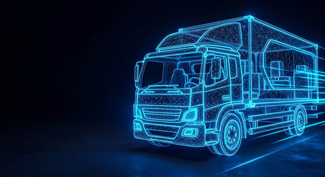 Futuristic blue neon digital wireframe truck representing advanced logistics and transportation technology on a dark background