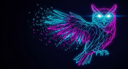 An abstract neon owl with glowing blue and pink eyes and wings, dissolving into particles against a dark digital background, symbolizing wisdom