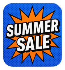 Obraz premium Vibrant blue burst sticker with SUMMER SALE text in bold font, eye-catching retail promotion offer on transparent background.