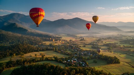 Explore the beauty of nature with hot air balloon rides over mountains and green fields at sunrise travel