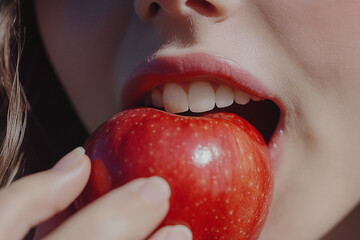 Tempting Bite: Close-Up of Woman Eating a Crisp Red Apple