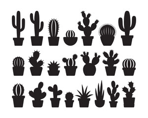 Fototapeta premium Black Silhouette Collection Of Various Potted Cacti And Succulents cactus plant