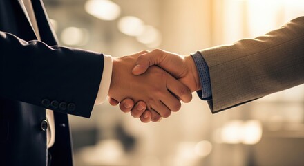 Handshake Deal: a symbol of agreement and cooperation, two individuals seal a successful deal with a firm handshake, representing unity and partnership in a business context.