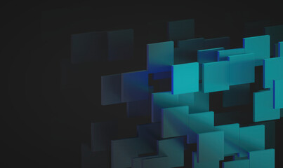 Abstract image of pixelated cubes in shades of blue, arranged dynamically against a dark background. The design conveys a sense of technology and modernism, perfect for digital applications