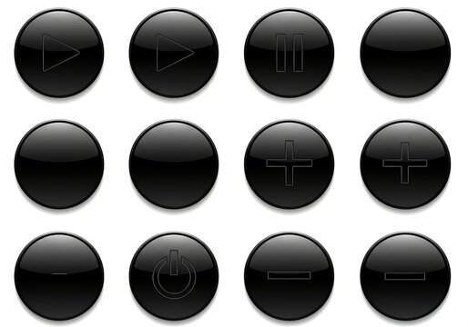 Collection of glossy black media control buttons with various functions like play, pause, stop, and power, isolated on a white background