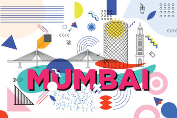 Mumbai culture travel set, famous architectures and specialties in flat design. Business travel and tourism concept clipart. Image for presentation, banner, website, advert, flyer, roadmap, icons