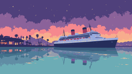 Long Beach, California – Queen Mary silhouette and marina reflections at dusk, palette: ship white, harbor teal, twilight purple, rust