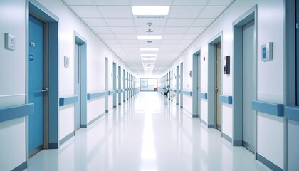 Fototapeta premium Sterile hospital corridor with doors and bright lighting