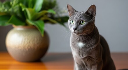 Majestic russian blue cat poses gracefully beside a stylish vase with greenery indoors