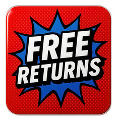 Fototapeta premium Bold blue burst sticker featuring FREE RETURNS offer in eye-catching comic style, attractive retail promo on transparent background.