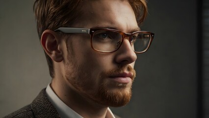 Thoughtful young man with ginger beard wearing tortoiseshell glasses; serious, pensive mood; professional portrait.