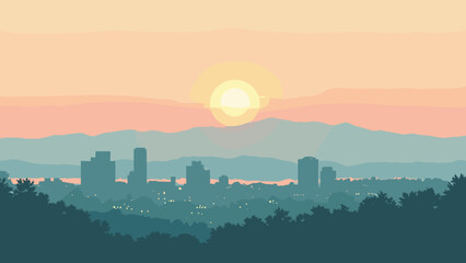 Obraz premium San Jose, California – Tech campus geometry with foothill backdrop at sunrise, palette: silicon gray, sage green, sky peach, chrome