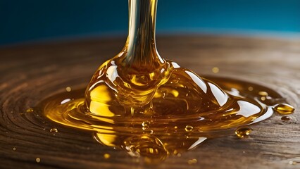 Golden Honey Pouring onto Rich Wood Surface