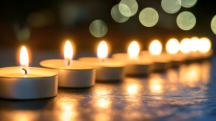 Lit candles in a row creating a warm glow against a dark background.