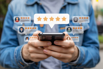 Customer Feedback and Online Reputation Management Concept with Person Holding Smartphone and Review Stars Icons