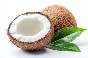 Fresh Coconut Duo: Halved and Whole with Vibrant Green Leaves on White