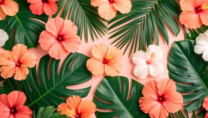 Tropical Hibiscus Flowers  Leaves.