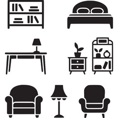 Set of six furniture icons isolated on white background bed, chair, table, lamp, shelf, and bookcase, perfect for interior design and home decor projects