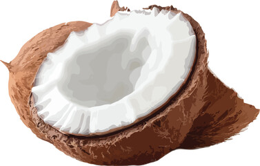 Freshly cut coconut half showing white flesh on a pure white background isolated