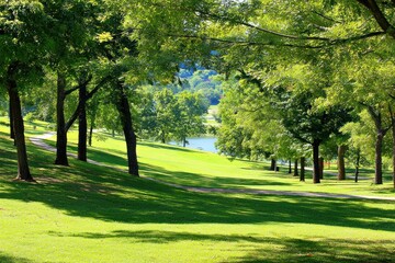 Lush green trees line a scenic park landscape.